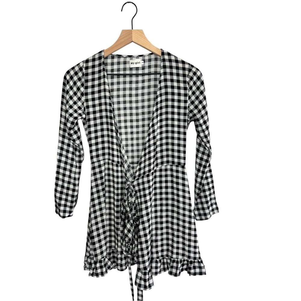 My Girl Black and White Gingham Mini Dress with Tie Front - Size 6